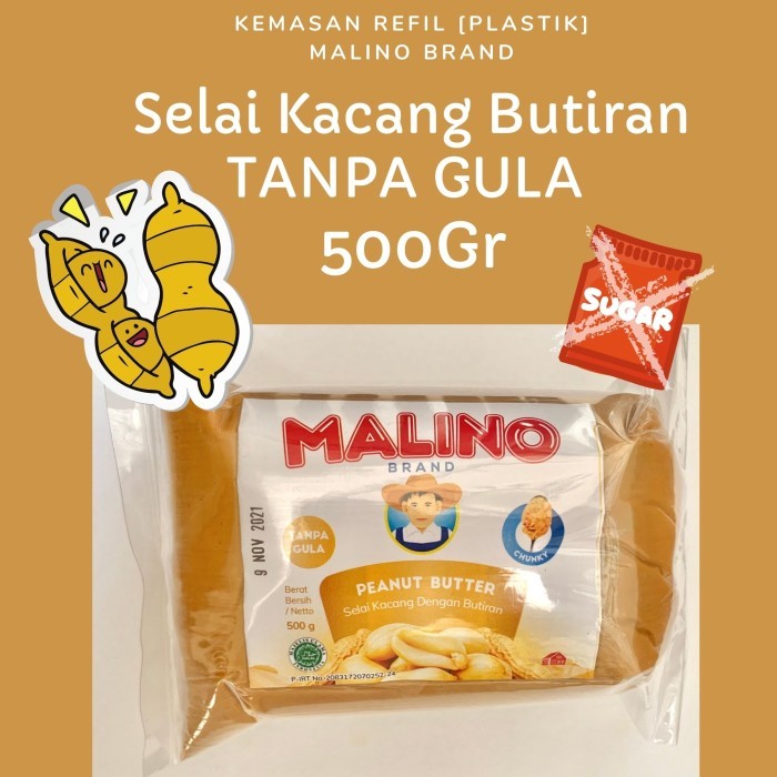 

New Arrival Selai Kacang Butiran Peanut Butter Chunk TANPA GULA 500gr MALINO BRAND