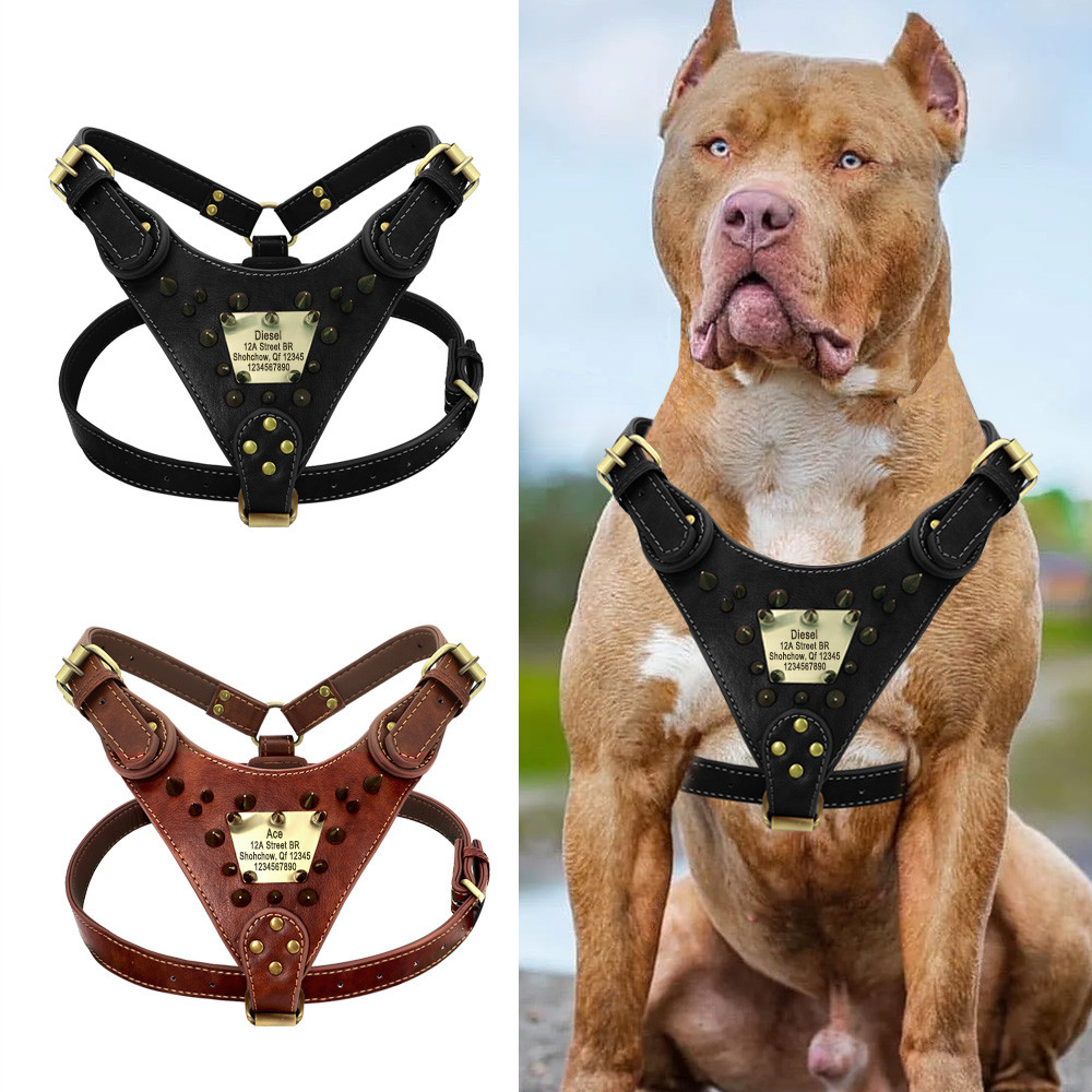 Personalized Leather Dog Harness Sharp Spiked Studded Dog Harness Custom ID Tag Harnesses Pet Vest F