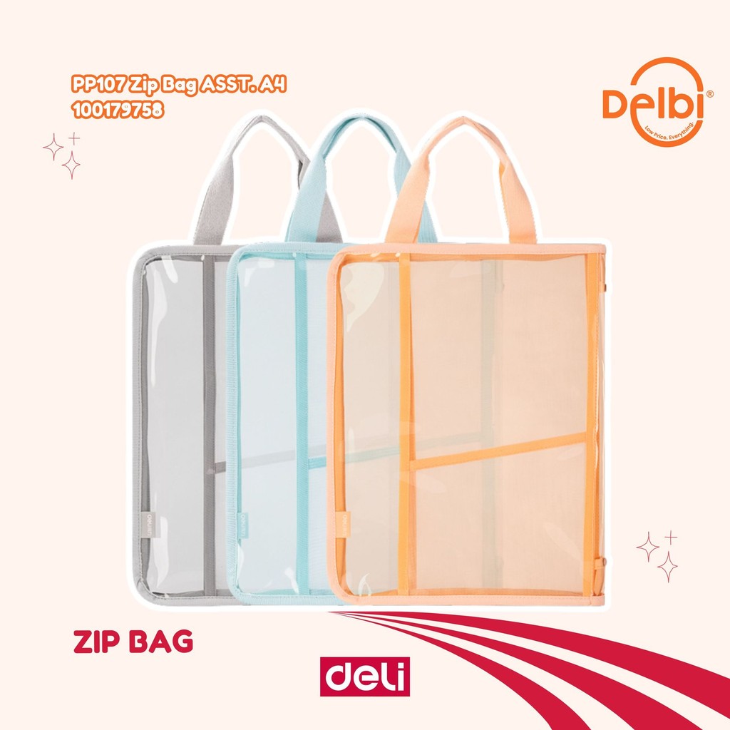 

Deli PP107 tas Tote siswa ujian transparan tahan air tas buku subjek siswa buku penyimpanan tas ekstrakurikuler PP107 Zip Bag ASST. A4