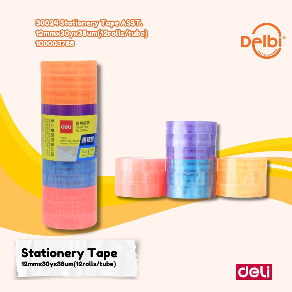 

DELI - ISOLASI / SELOTIP / LAKBAN KECIL WARNA WARNI 30024 30024 Stationery Tape ASST. 12mmx30yx38um(12rolls/tube)