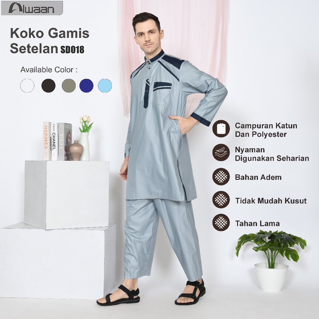 Gamis Setelan Pakaian Muslim Baju Pria Koko Atasan Modis Nyaman Adem Tangan panjang Sd018 Alwaan