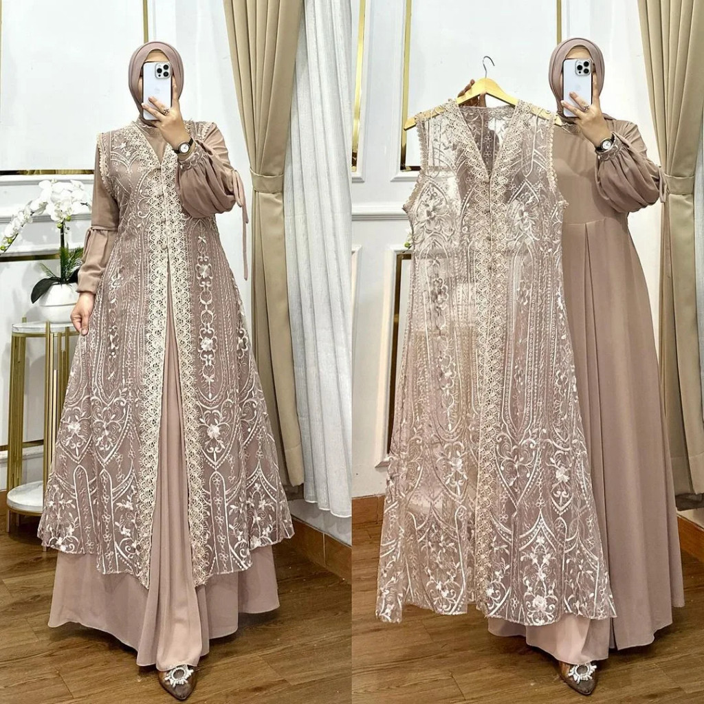 Gamis Wanita Muslimah Kekinian Terbaru 2025 Naura Dress Baju Brukat Kondangan Model Inner Outer Matt