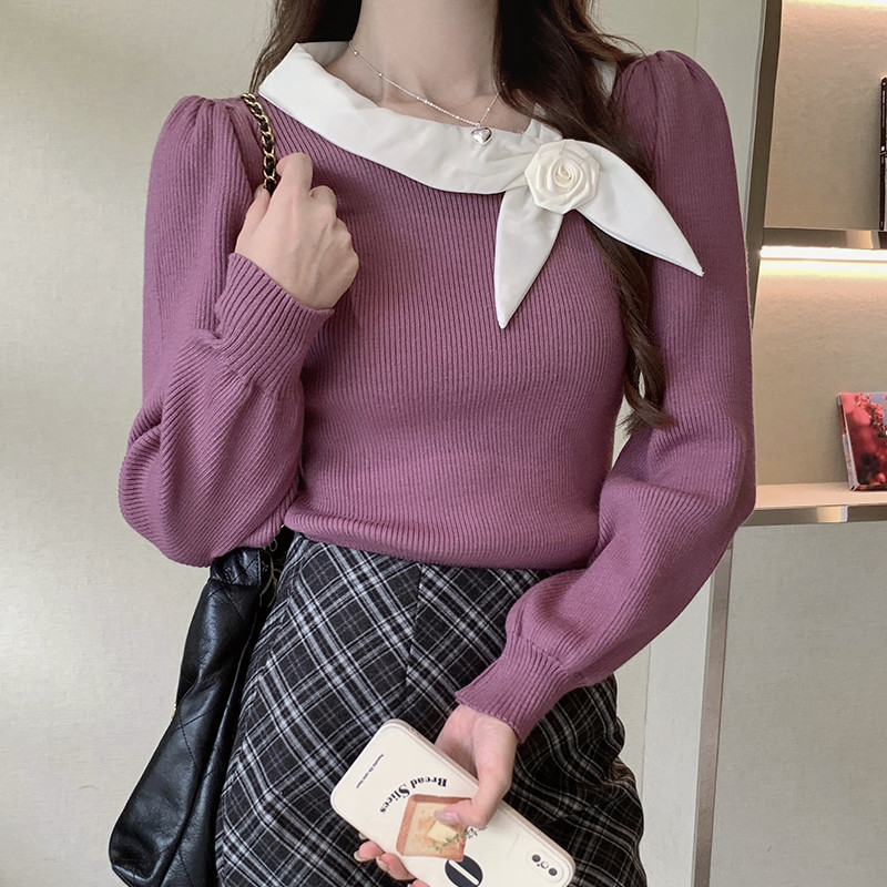 Atasan Sweater Lengan Panjang Wanita, Atasan Sweater Pita Slim-Fit