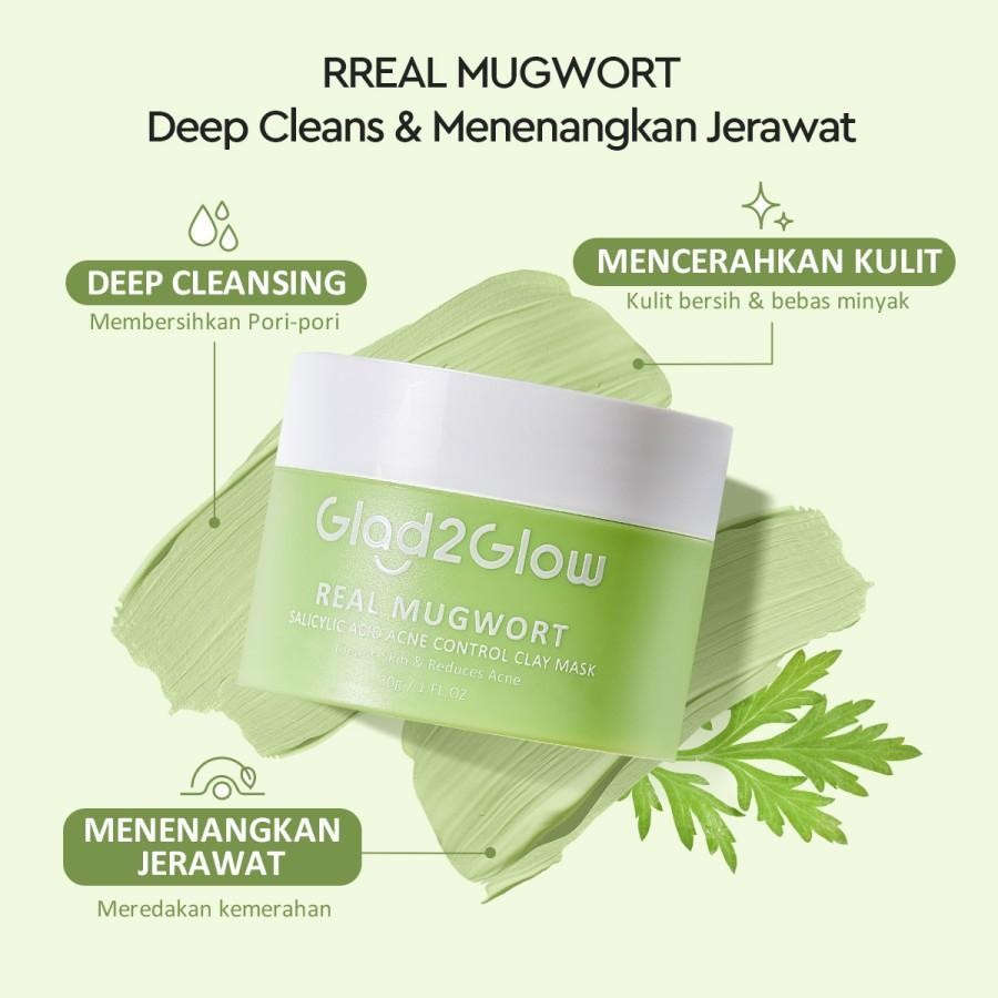 Glad2Glow Real Mugwort Clay Mask Salicylic Acid Acne Control 30g BPOM - mask 30g