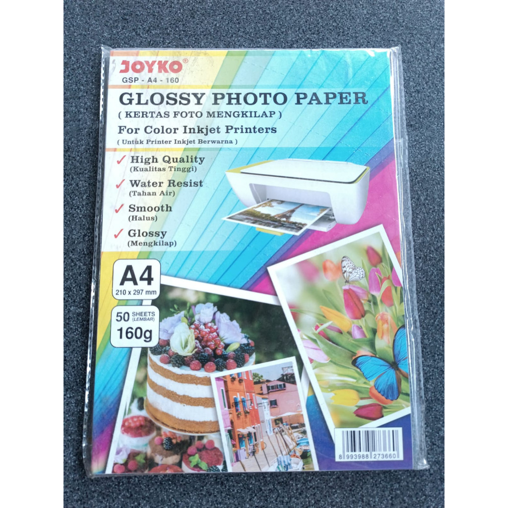

KERTAS FOTO PRINTER GLOSSY PHOTO PAPER 160 GRAM MEREK JOYKO 1 PAK ISI 50 PCS