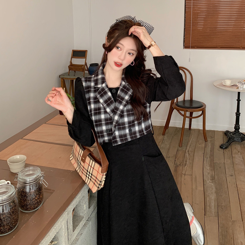 Baju Kemeja Kotak-kotak Dua Potong, Baju Kemeja Kotak-kotak Wanita Ukuran Plus, Gaun Korduroi Tebal