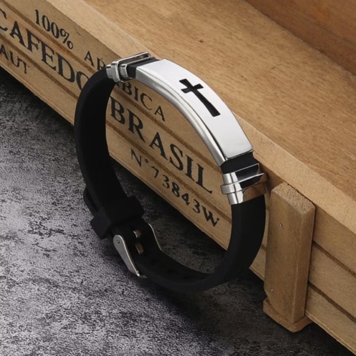 Gelang Salib Stainless Steel Silicon Strap Pria