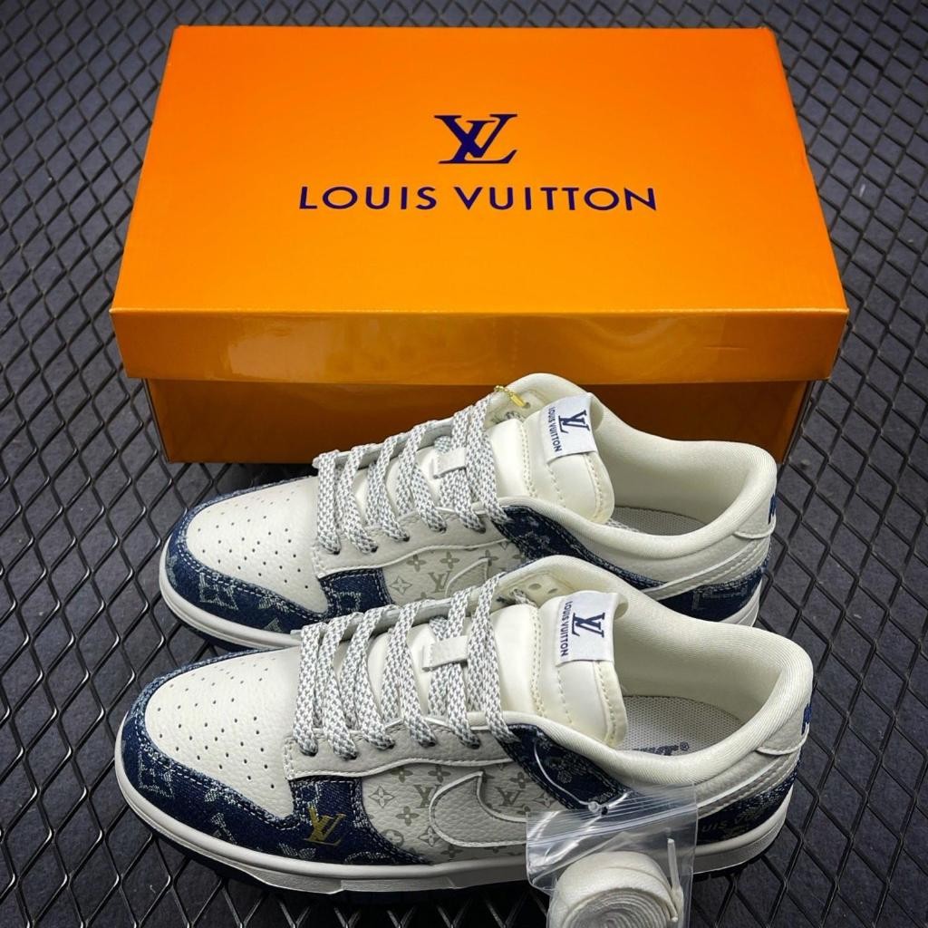 Louis Vuitton x Nike SB Dunk Low Cut Casual Sneakers Sport Skate Shoes for Men Women Beige Blue