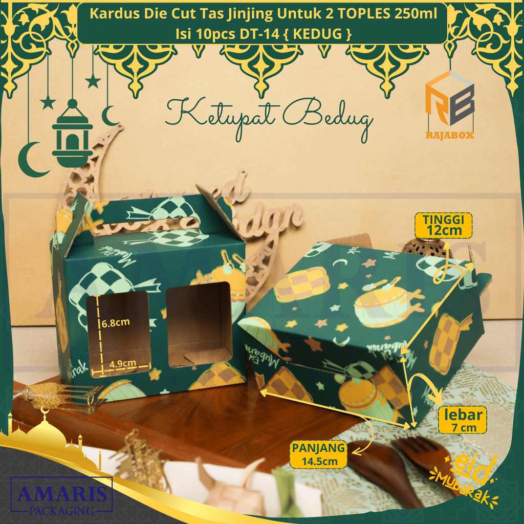 

DT-14 Kardus Die Cut Tas Jinjing Isi 2 Toples Jar 250 ml Isi 10 Pcs Amaris Packaging