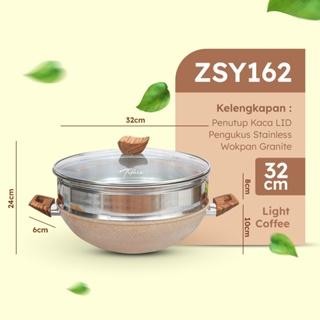 [NABUNG 5 JULY] [LIGHT COFFEE] Tifale [2IN1] Wokpan Diameter 32cm+Glass Lid + Granite Steamer Non St