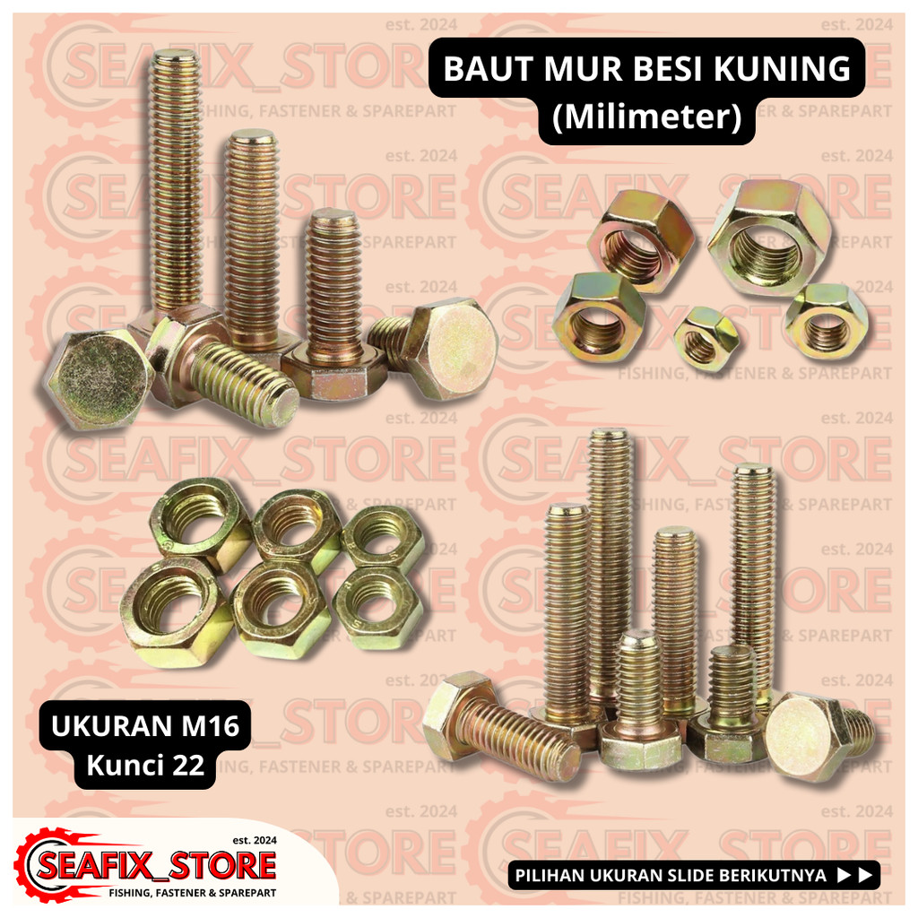 BAUT MUR BESI KUNING M16 X (PANJANG TINGGAL PILIH) - BAUT MUR KUNCI 22 UNC, BAUT MUR DRAT HALUS