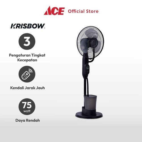 Ace Krisbow 16 Inci Kipas Angin Lantai Uap 75 Watt - Hitam, LB-FS06, Penyejuk Ruangan dengan 3 Kecepatan dan Remote Control