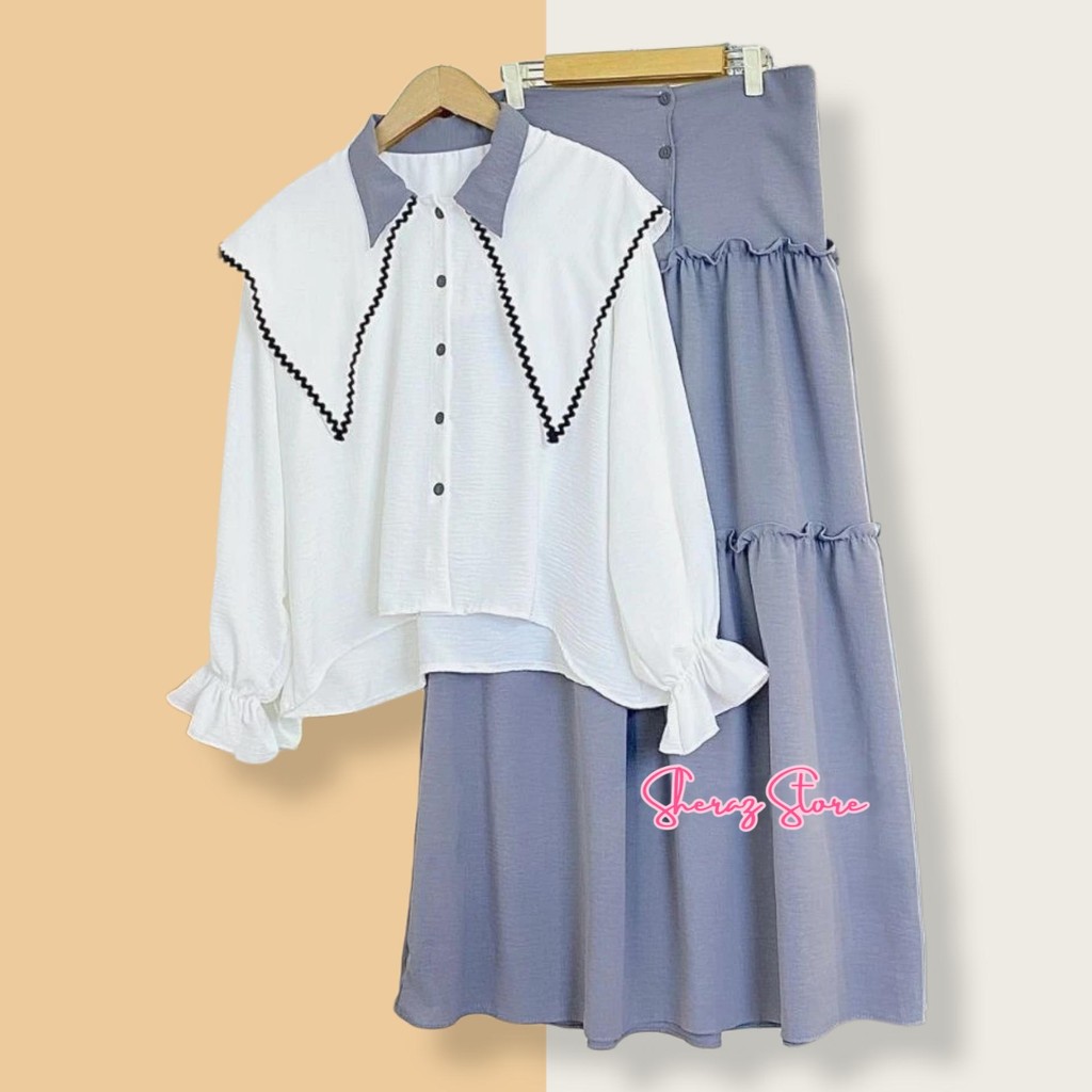 Setelan Marisa One Set Rok + Atasan Blouse Wanita Jumbo Ld 120 Bahan Crinkle Airflow Simple Elegan