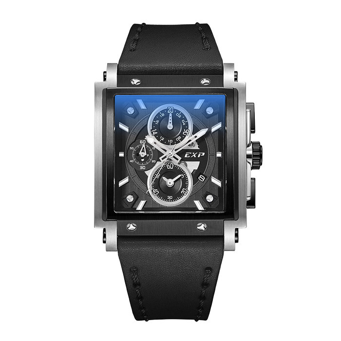 Jam Tangan Pria Expedition Exp Chronograph EX 6731 GCLTBBA Kulit Sporty Model Kotak Silver Hitam