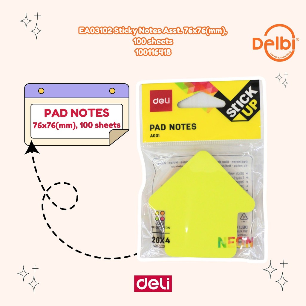 

DELI - MEMO / KERTAS TEMPEL / STICKY NOTES NEON HANGER 1 WARNA 80 LEMBAR A03102 EA03102 Sticky Notes Asst. 76x76(mm), 100 sheets