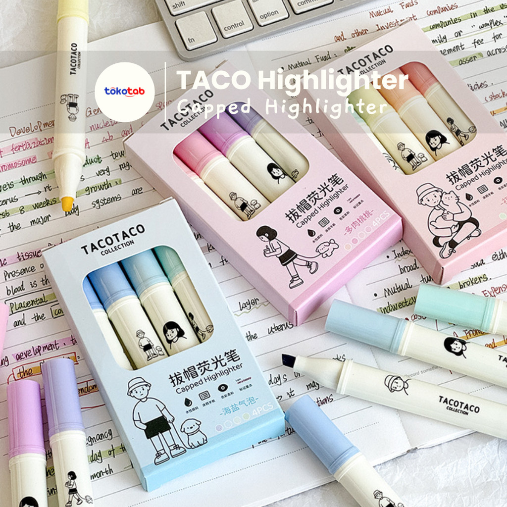 

Tokotab - TACOTACO Highlighter Warna Pastel Penanda Buku Set 4 Pcs Highlighter Stabilo Warna Pastel Spidol Marker Journal