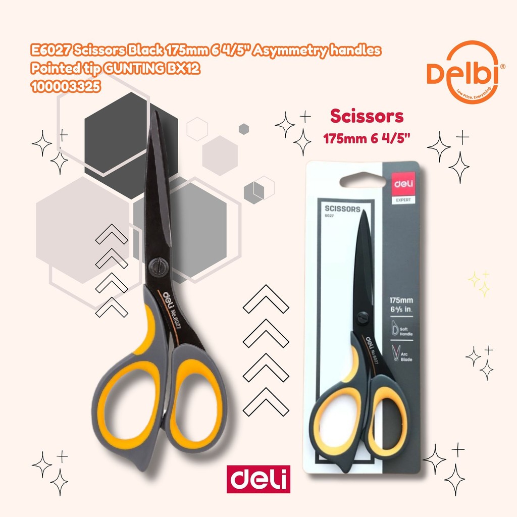 

Deli Gunting dengan pegangan lembut untuk kenyamanan 175mm E6027 Scissors Black 175mm 6 4/5" Asymmetry handles Pointed tip GUNTING BX12