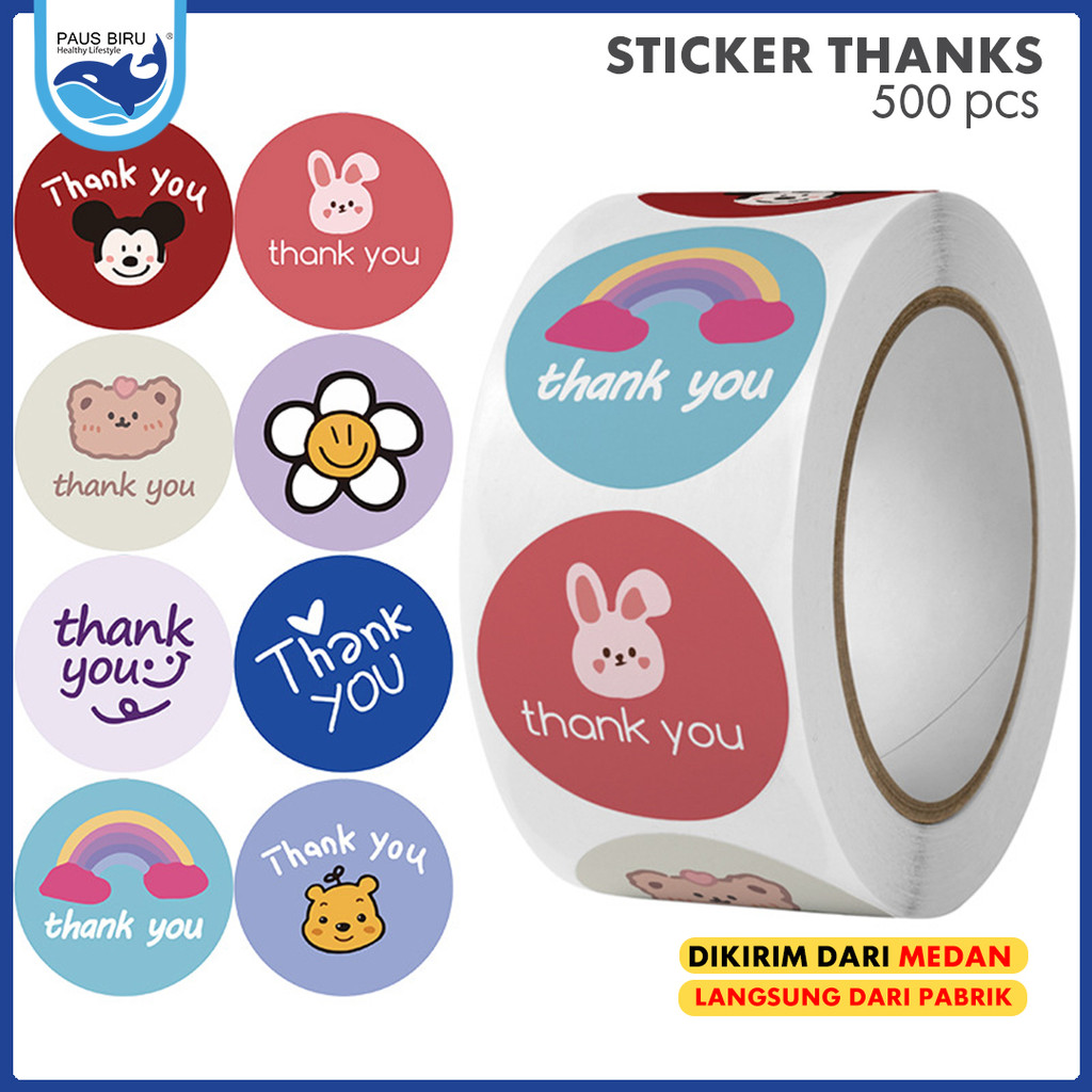 

Paus Biru - Sticker Thank You 500 pcs/Stiker Terima Kasih Warna Self Adhesive Seal Label Roll