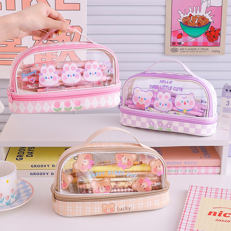 

Ready Pencil Case Kapasitas Besar PVC Korean Cute Pencil Bag 2 Tingkat