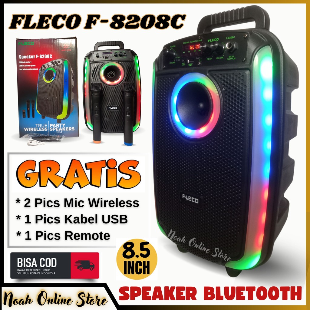 SERBA COD Speaker Portebel Fleco F-8208C LED Bluetooth 8,5 Inch ( Gratis 2 Mic Wireless + Remote ) S