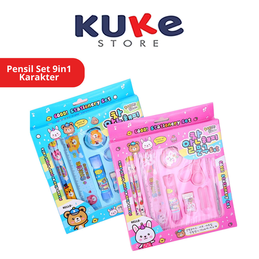 

KUKE Pensil Set 9in1 Karakter Lucu / Paket Lengkap Alat Tulis Tutup Pensil Pulpen Penghapus Penggaris Rautan Lem Gunting Kertas Gambar Kartun Imut / Mini Stationery Character 9 Pcs Atk Perlengkapan Menulis Anak Sekolah Souvenir SD Paud