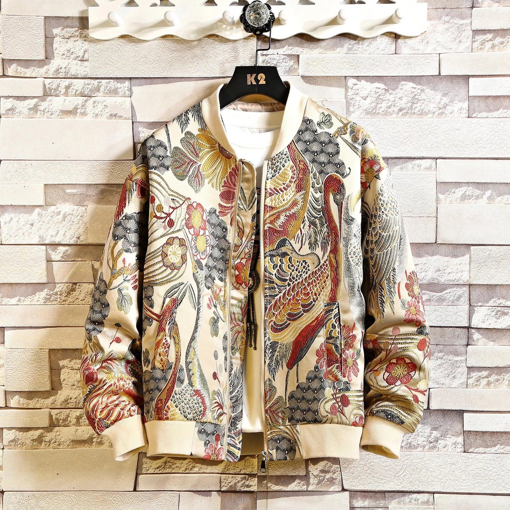 2024 Men Print Baseball Jacket Coats Mem Embroidery Crane Chinese Style Optional Harajuku Bomber Jac