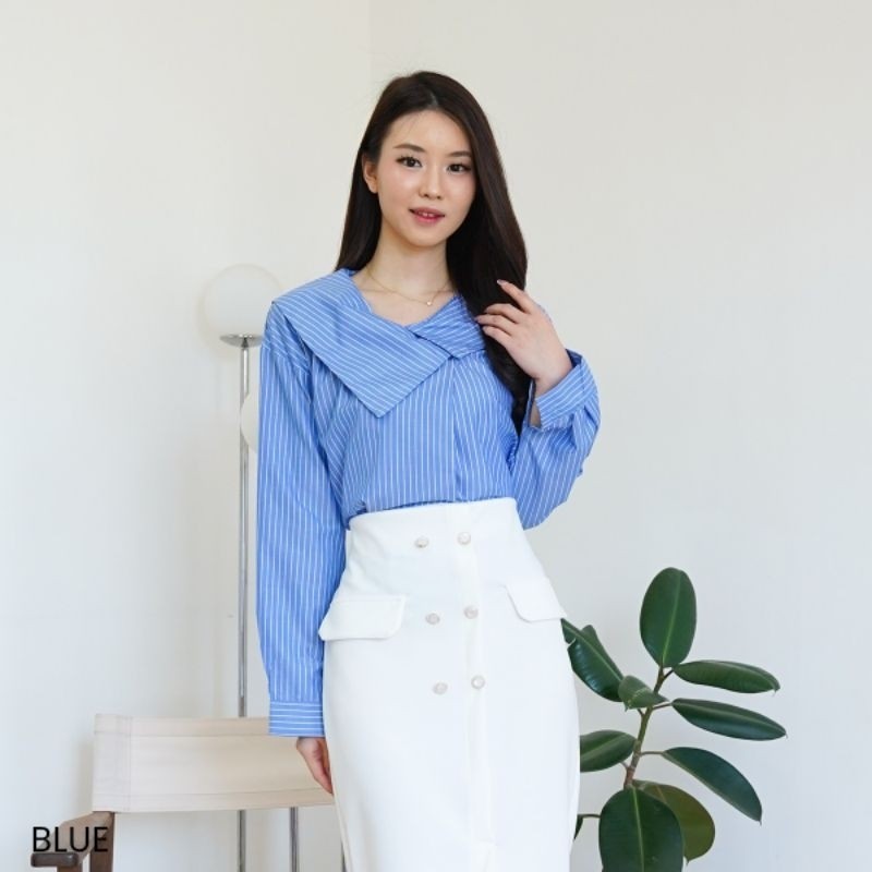Top Atasan Blouse Cotton Stripe Lily Korea Style/Kemeja Wanita Casual Premium Fashion