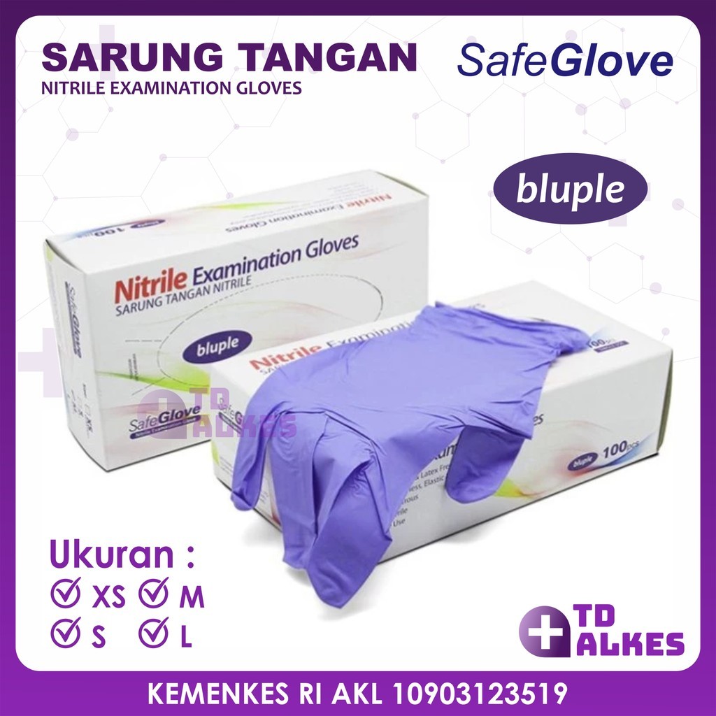 SafeGlove Sarung Tangan Nitrile Blueple Ukuran XS S M L Medis  Handscoon Handscon Handskun Karet Lat