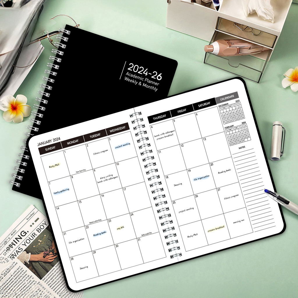

30sheets 2024-2026 Monthly Planner PVC Cover Two Years Calendar Notebook Daily Schedule For Home Office School