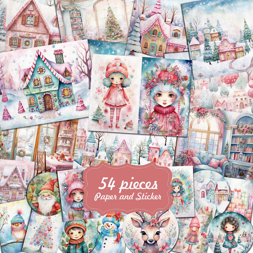 

JAIIMAN 54pieces Pink Christmas DIY Scrapbook Writable Background Paper Set With Sticker,for Arts Crafts,Scrapbooking Supplies