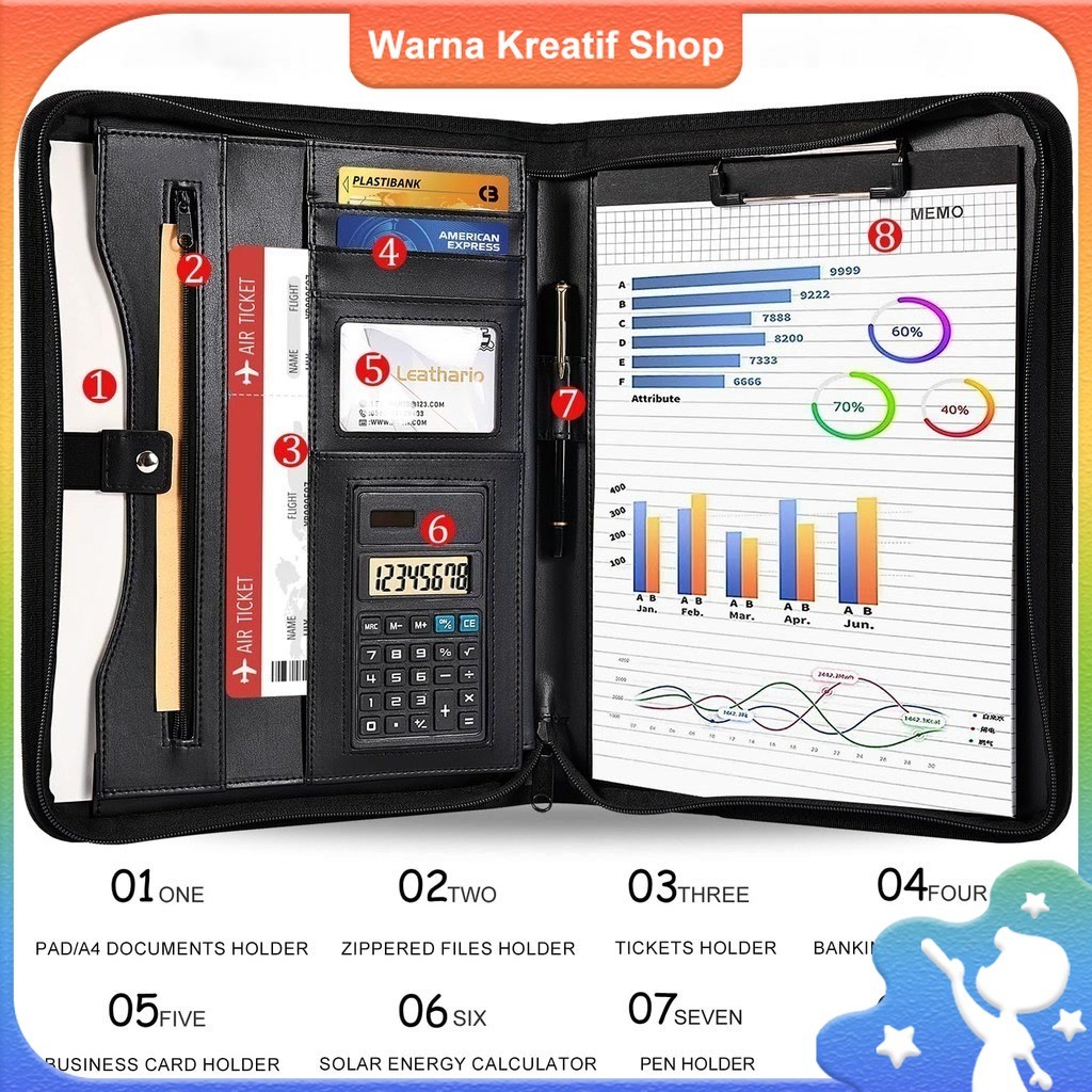 

Handmade Professional PU Leather Zippered Padfolio A4 Bag-Style Presentation Folder with Calculator
