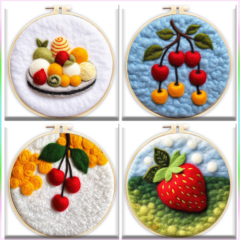 CHENISTORY Needle Felting Kit Cherry Strawberry Fruit Painting Needle Felting Tools For Beginner Woo