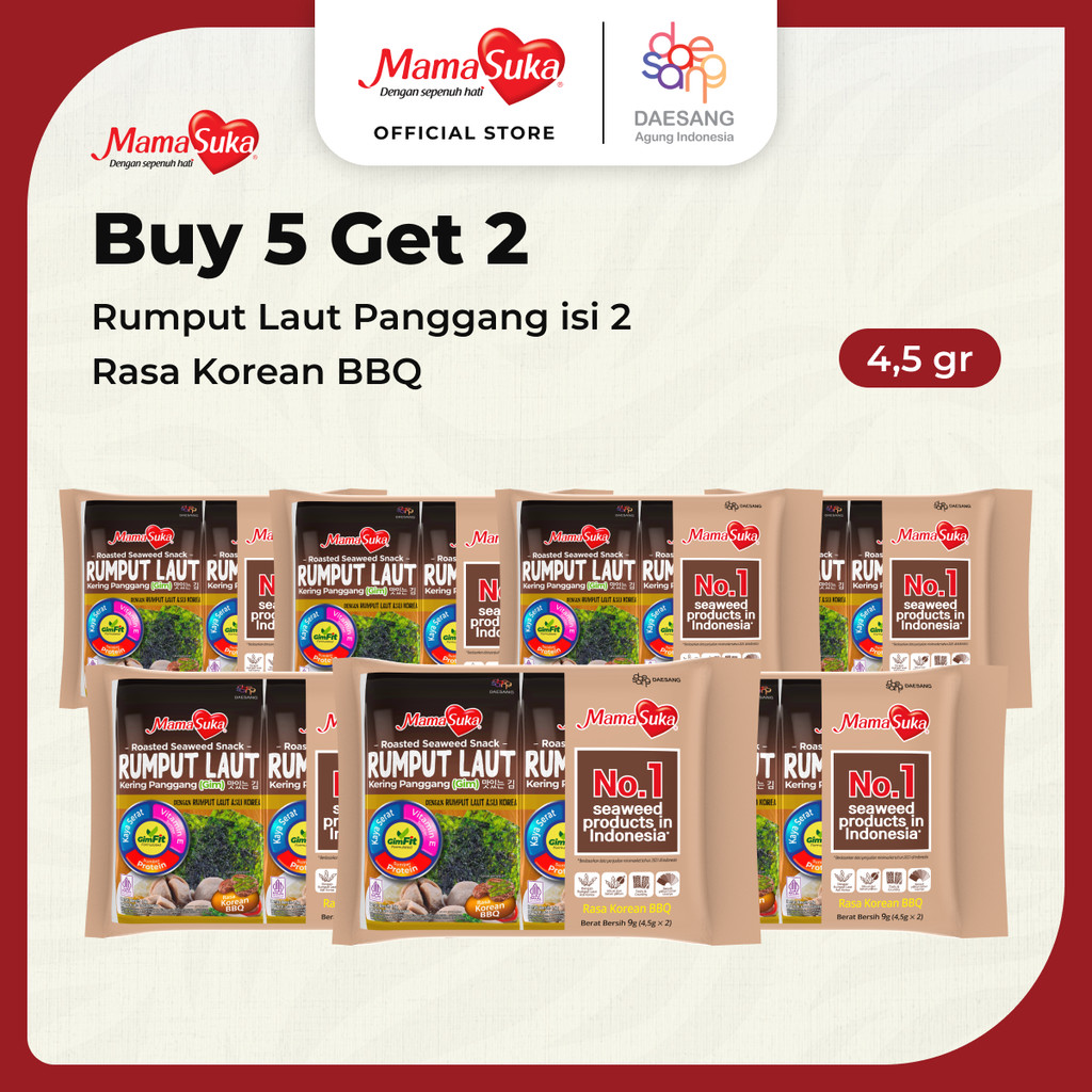 

Buy 5 Get 2 MamaSuka - Rumput Laut Panggang Barbeque Isi 2