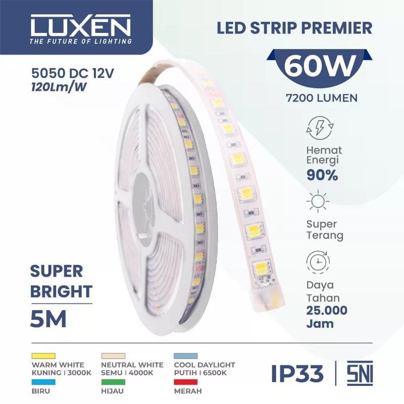 Luxen LED Strip 5050 5M DC12V 60W Lampu LED Strip Warna