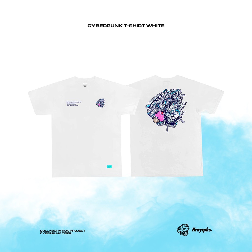 【COD】 Hornycupcakes X Evos - Cyberpunk White T-shirt Kaos Pria dan Wanita