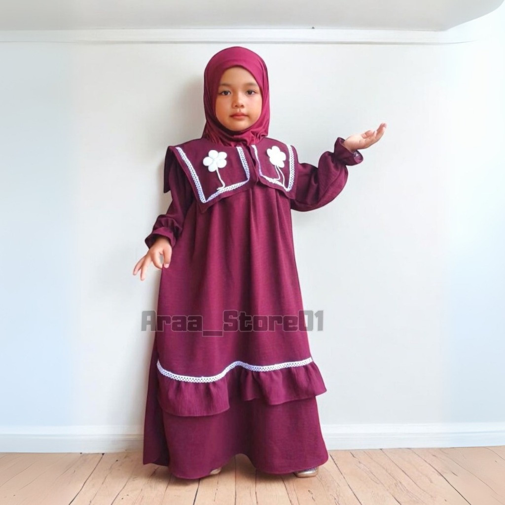 BAHAN PREMIUM / Gamis Renda Bunga Anak Perempuan Crinkle airflow 3-12 Tahun