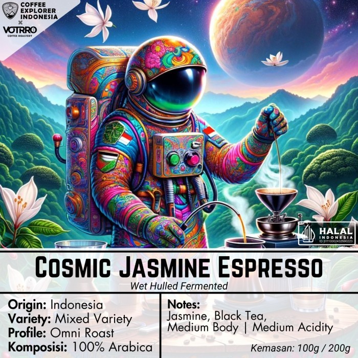 

Biji Kopi Espresso Arabika Cosmic Jasmine - Single Origin Arabica Coffee - EXplore Series - VOTRRO X COFFEE EXPLORER INDONESIA - Biji Kopi, 200 gram