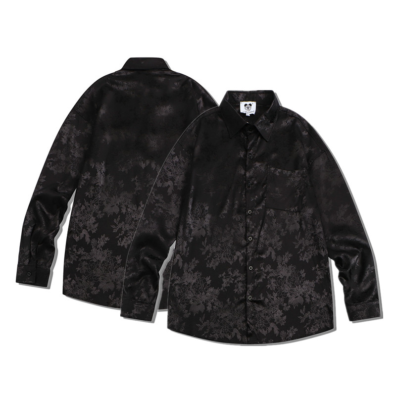 Kemeja Eternal Pria Hitam Bunga Satin Kemeja Cowok Lengan Panjang Shirts Cowok Putih/Beige