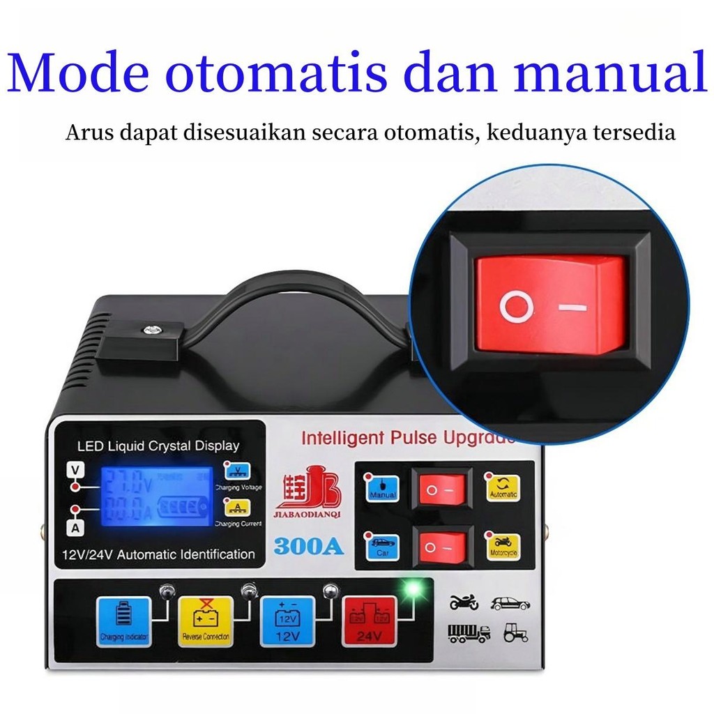 SHIIE Charger Cas Aki Mobil Motor Portabel Otomatis 260W 12V/24V 200AH + LCD Taffware ANJING - AJ-61