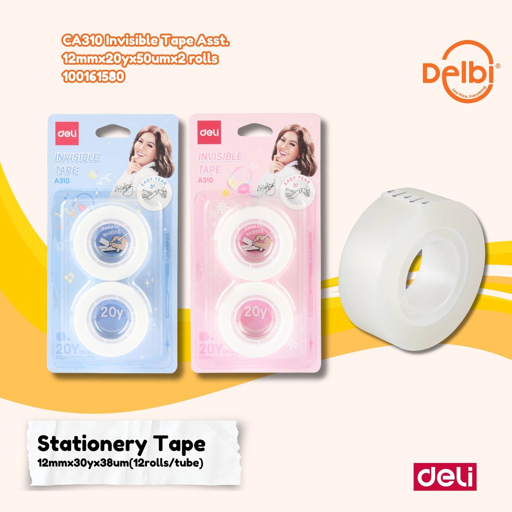 

Deli Invisible Tape / Selotip / Isolasi Transparan 18 meter Dapat Ditulis Pulpen CA310 CA310 Invisible Tape Asst. 12mmx20yx50umx2 rolls