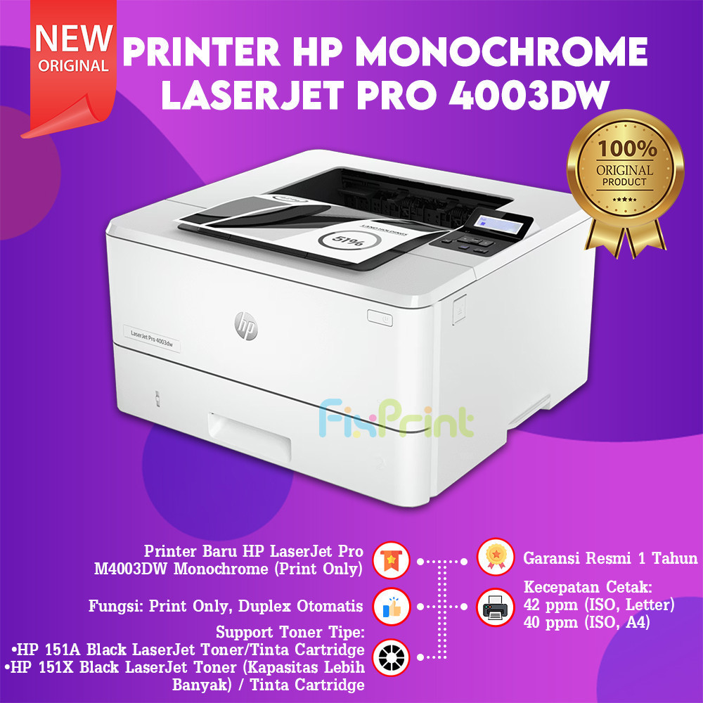 FixPrint Printer HP Laserjet Pro 4003dw 2Z610A monochrome Duplex Wireless pengganti M404dw