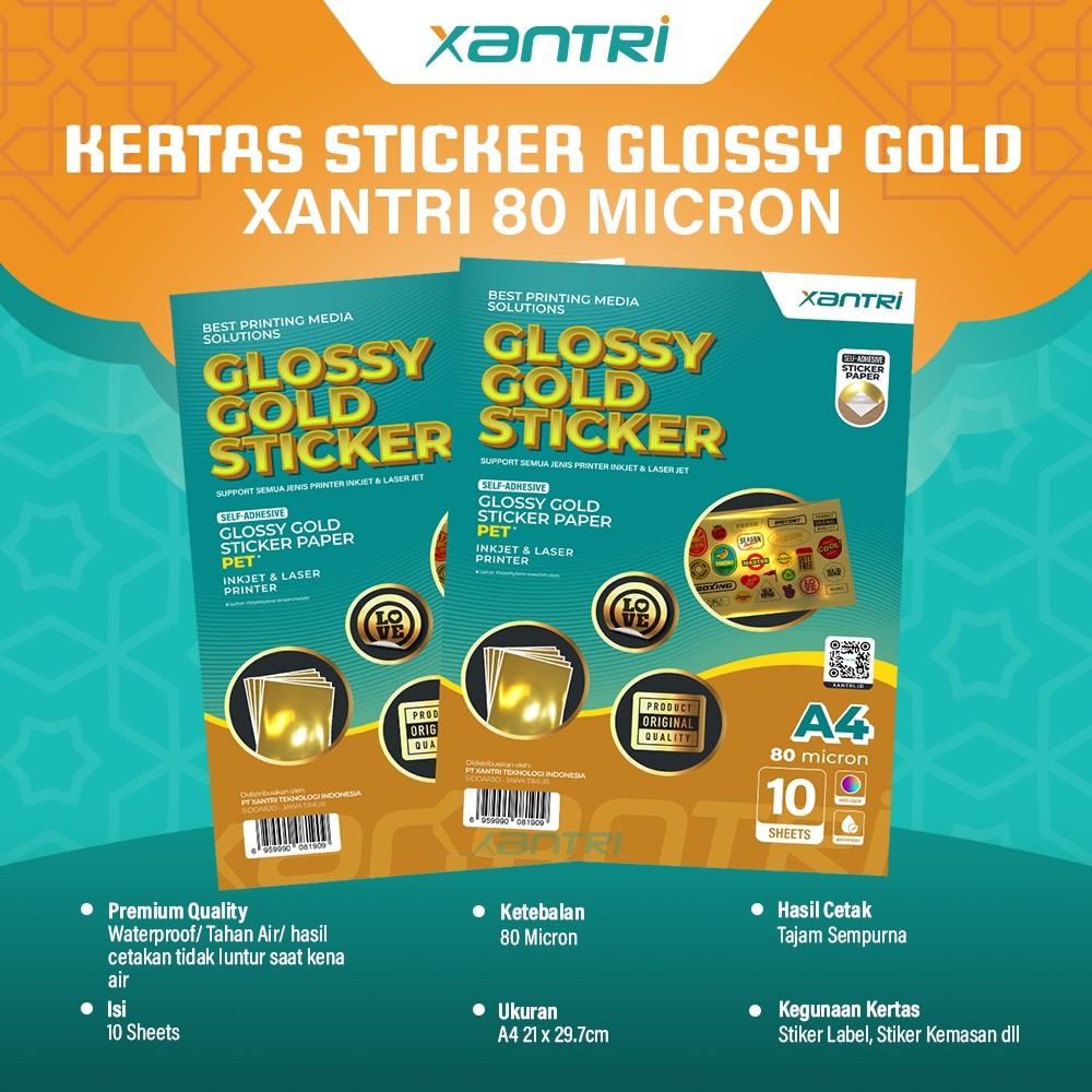 

Xantri - Glossy Sticker Xantri Original Paper Gold Waterproof Inkjet A4 Kertas Stiker Xantri PET 80 Micron isi 10 Lembar
