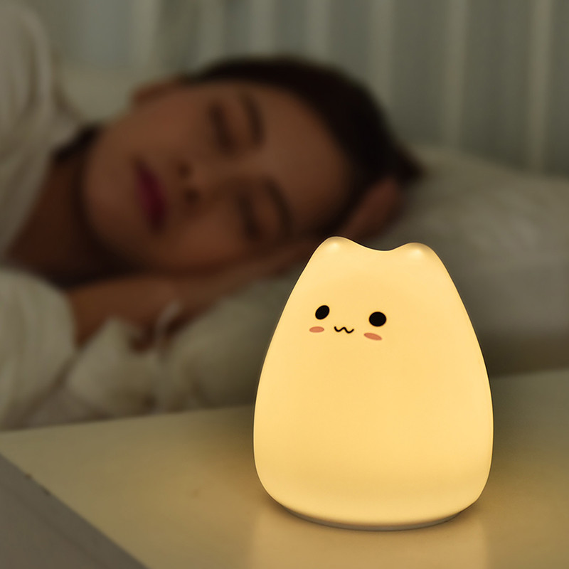 

Mini Cute Cartoon Cat Shaped Pat Light Lamp Soft Silicone Nightlight for Kids Room Decor Seven Colors for Home Exhibition Hall