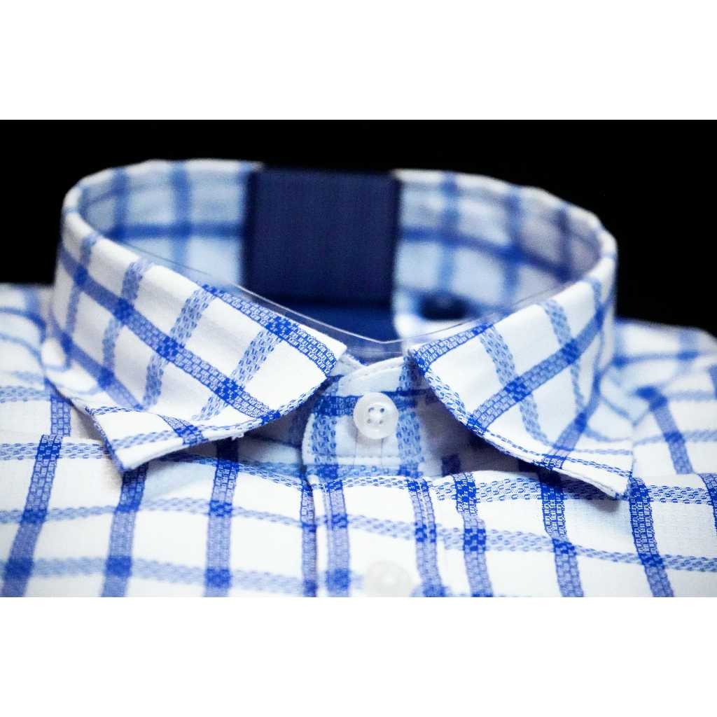 Kemeja Pria STANLEY ADAMS Lengan Pendek Formal Reguler Fit Putih Motif Kotak Biru Muda | Hem Pria