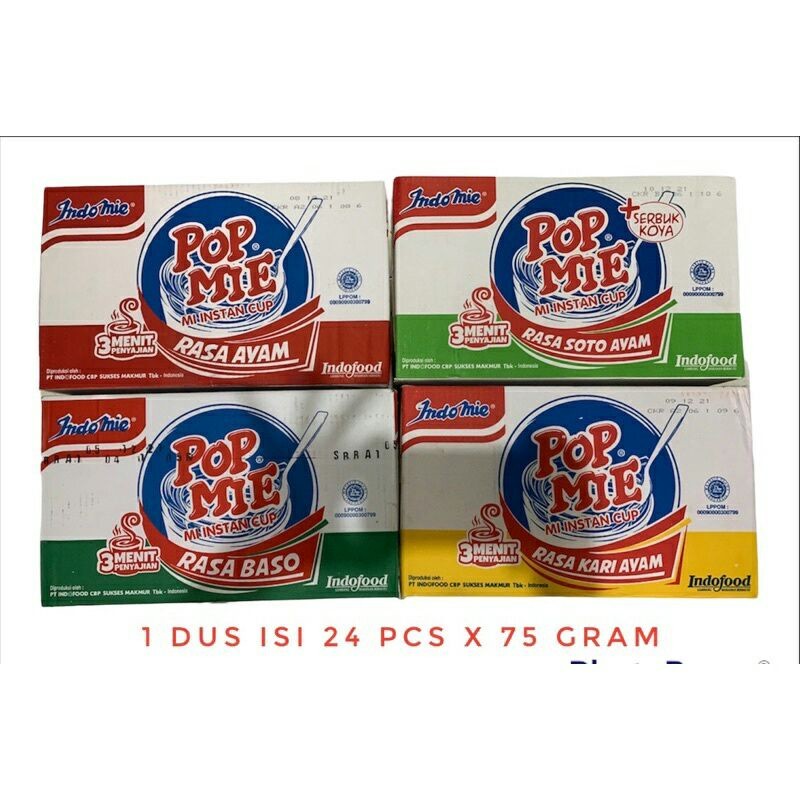 

Pop Mie 75 gram / Besar 1 Dus isi 24 Pcs (ayam bawang, bakso, soto, kari, dan bisa di mix juga)