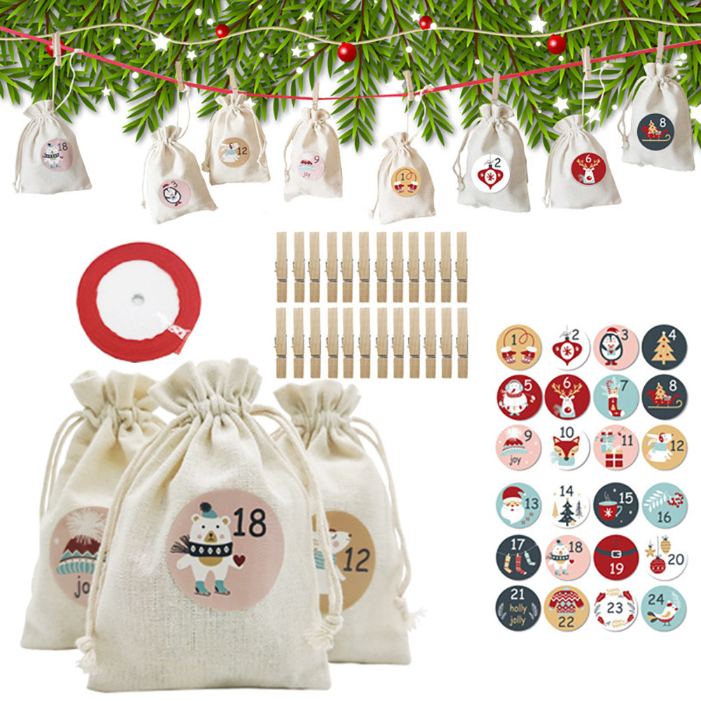 

24Pcs Christmas Advent Calendar Cloth Gift Bags 1-24 Number Candy Bag Xmas Tree Ornaments Christmas Decoration For Home Navidad