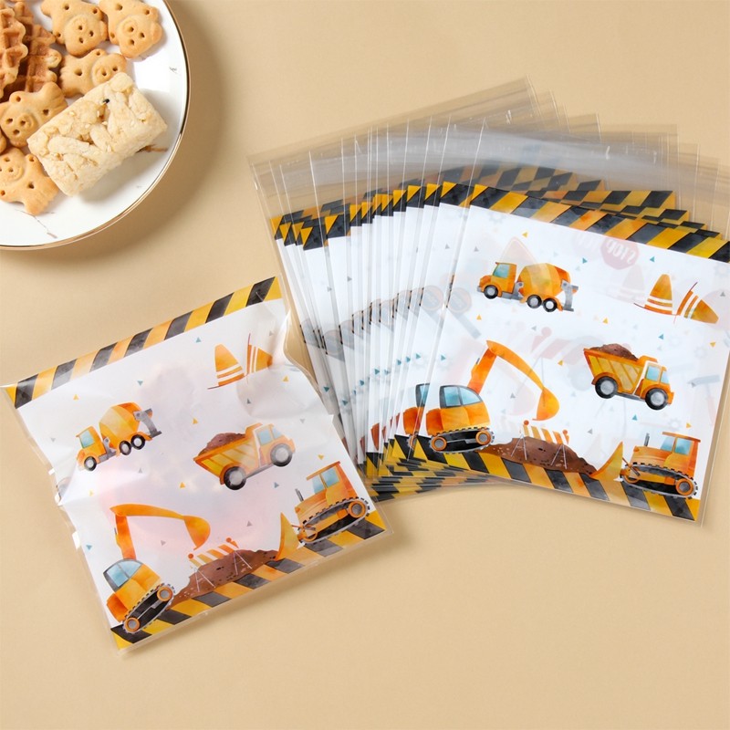 

50pcs Construction Candy Bag Heat Sealable Treat Cookie Candy Goodie Bag Engineering Vehicle Birthday Party Supplies Baby Shower