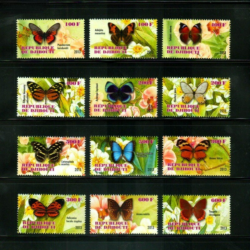 

12 PCS, Djibouti, 2013, Butterfly, Real Original Post Stamps, MNH