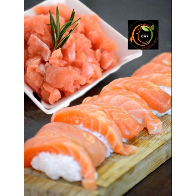 

Tetelan daging Ikan Salmon / Sushi Grade/ Salmon Mince