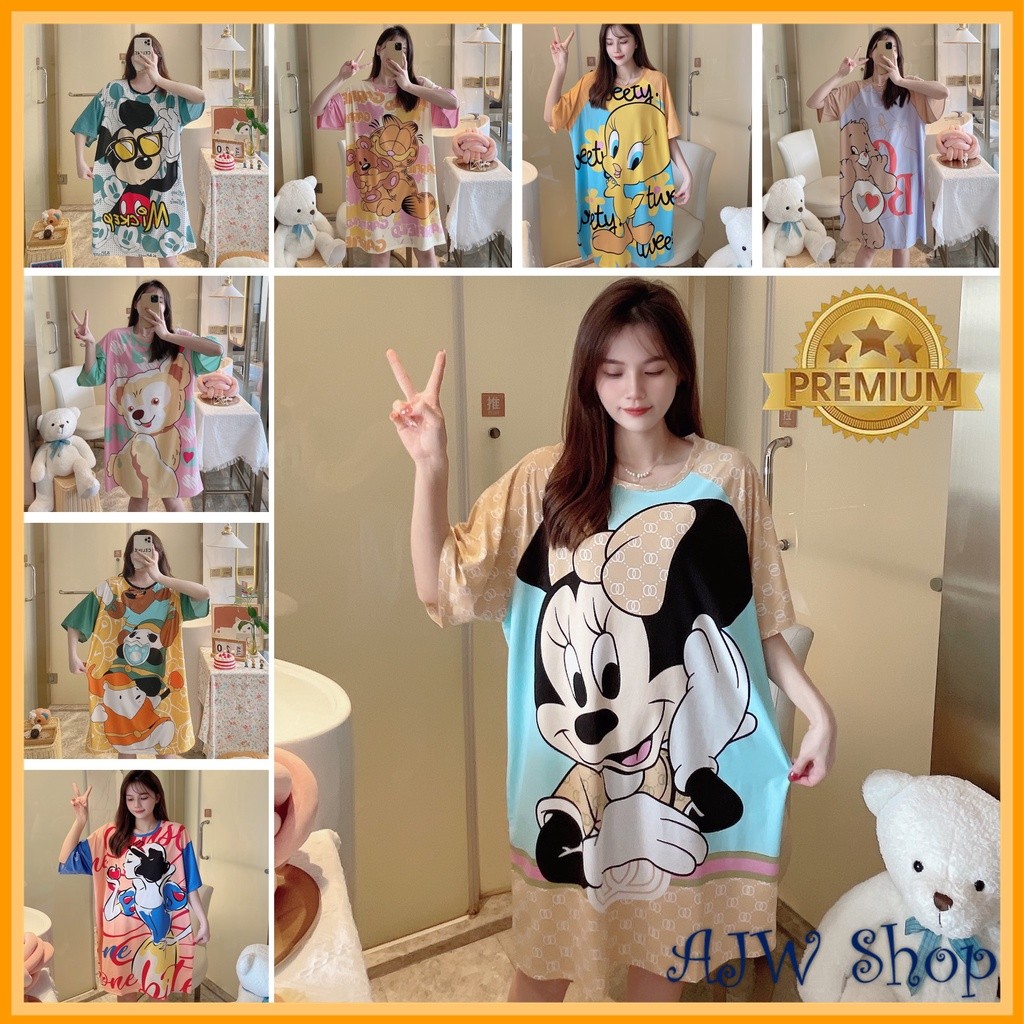 BAJU DASTER KAOS KOREA WANITA SPANDEK IMPORT LENGAN PENDEK KEKINIAN OVERSIZE JUMBO MOTIF KARAKTER PI